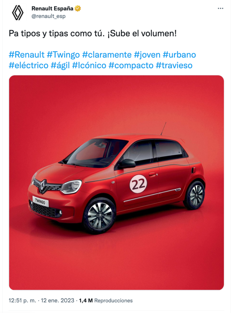 El tweet de la cuenta de Renault Twingo que hace referencia a la canción de Shakira con Bizarrap en la que nombra a la marca.